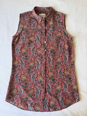 Thomas Pink Sleeveless Paisley Button-Down Top in Pink and Blue 100% Silk✨